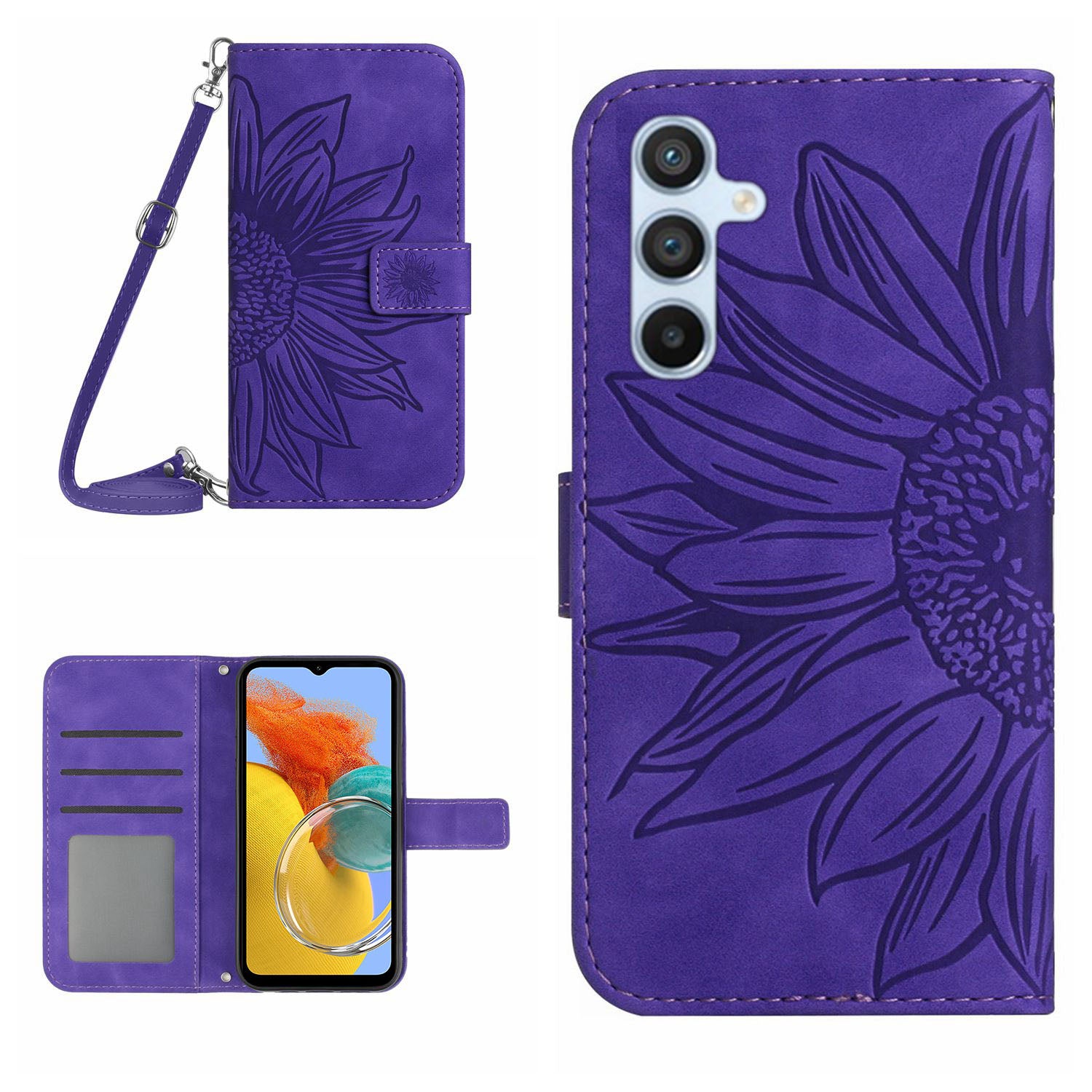 For Samsung Galaxy M14 5G HT04 Sunflower Pattern Phone Case PU Leather Cover Stand Wallet with Shoulder Strap For Samsung Galaxy M14 5G HT04 Sunflower Pattern Phone Case PU Leather Cover Stand Wallet with Shoulder Strap
